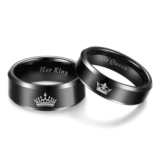 6mm Black “His Queen” Printed Engravable Couple Wedding Bands Crown Tungsten Carbide Rings