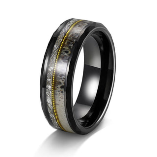 8mm Hammered Black Tungsten Rings with Gold Guitar String Antler and Silver Silk Inlay