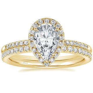 14K Gold Plated 925 Sterling Silver Rings Teardrop Bridal Rings Sets Cubic Zirconia Women Engagement Ring