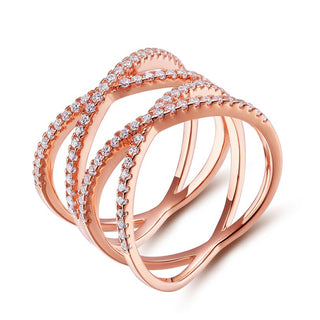 Rose Gold 925 Sterling Silver Ring Women Double X Shape Cross Design Cubic Zircon Wedding Bands