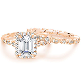 Rose Gold Plated 2ct 925 Sterling Silver Bridal Ring Sets Emerald Cut CZ Women Vintage Engagement Bands
