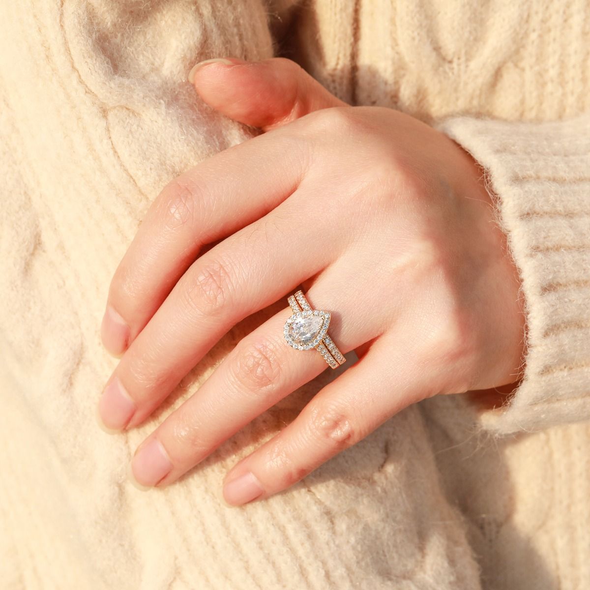 14K Gold Plated 925 Sterling Silver Rings Teardrop Bridal Rings Sets Cubic Zirconia Women Engagement Ring