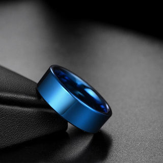 8mm Blue Polished Rings Men Tungsten Carbide Rings Flat Engagement Wedding Bands