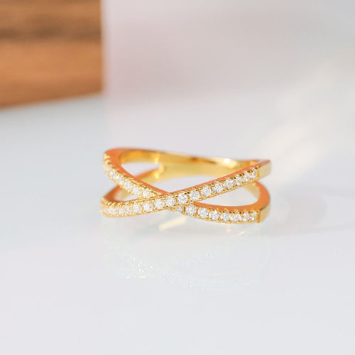 14K Gold Plated 925 Sterling Silver X Cross Ring Cubic Zirconia CZ Women Wedding Bands