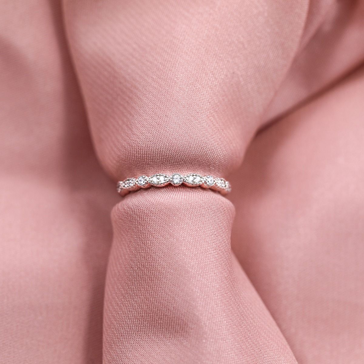 925 Sterling Silver Ring Women Cubic Zirconia Marquise & Round Milgrain Half Stackable Eternity Ring