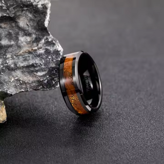 Fashion Male Jewelry 8mm Black Wood Gold Leaf Silk Inlay Tungsten Carbide Rings for Men Wedding Gift