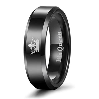 6mm Black “His Queen” Printed Engravable Couple Wedding Bands Crown Tungsten Carbide Rings