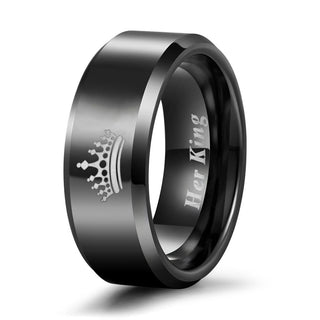 8mm Black “Her King ” Printed Engravable Couple Wedding Bands Crown Tungsten Carbide Rings