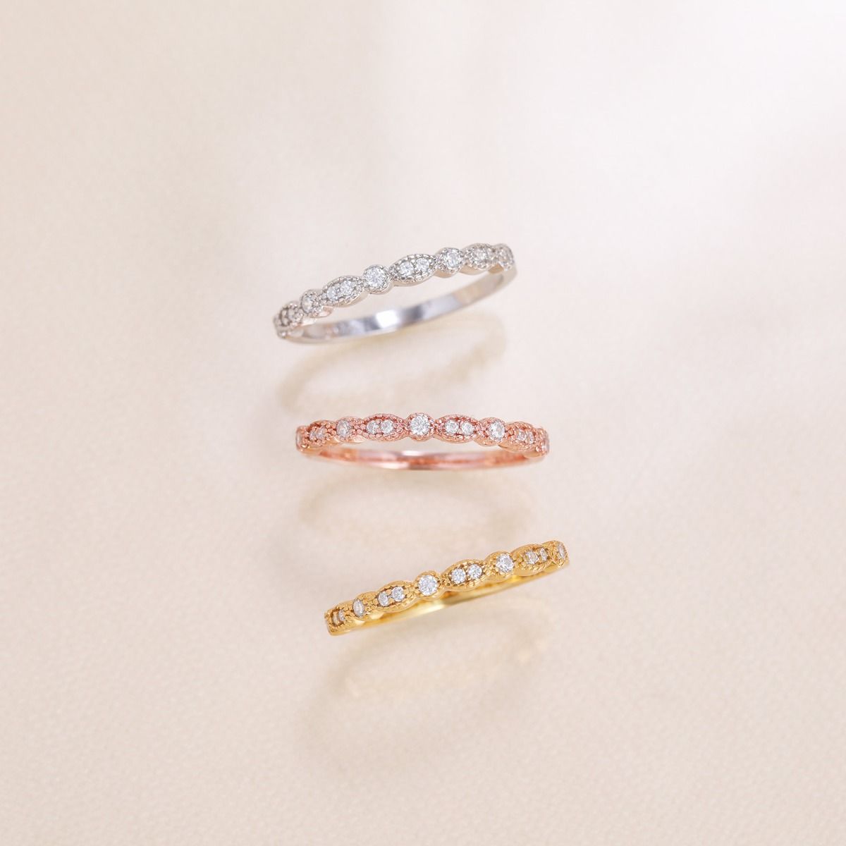 925 Sterling Silver Ring Women Cubic Zirconia Marquise & Round Milgrain Half Stackable Eternity Ring