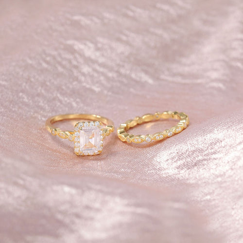 14K Gold Plated 2Ct 925 Sterling Silver Bridal Ring Sets Emerald Cut CZ Women Vintage Engagement Wedding Bands