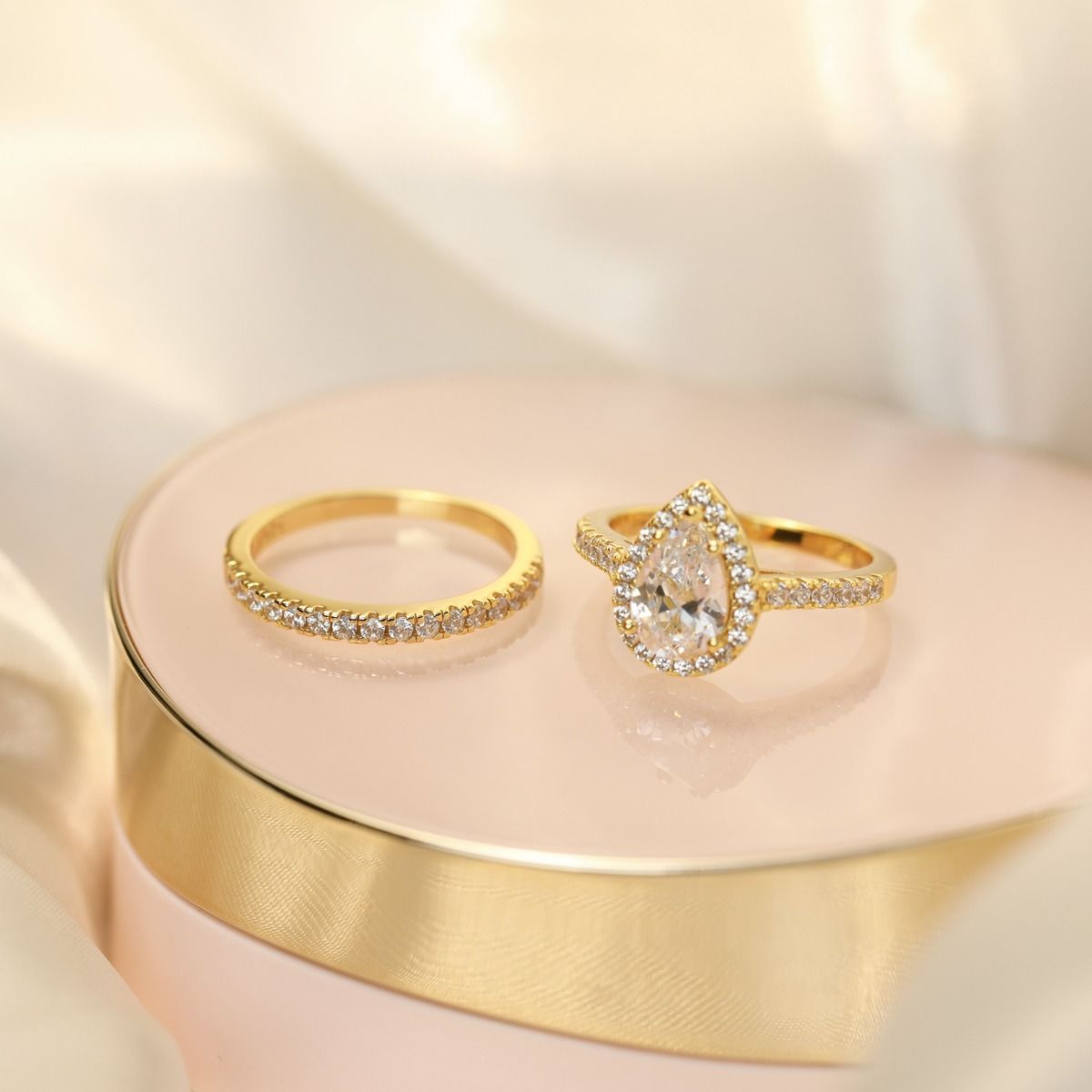 14K Gold Plated 925 Sterling Silver Rings Teardrop Bridal Rings Sets Cubic Zirconia Women Engagement Ring