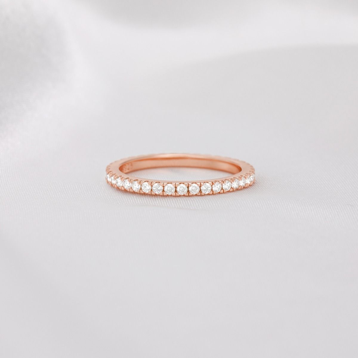 Trendy Rose Gold 2mm 925 Sterling Silver Ring Women Cubic Zirconia Stackable Eternity Ring