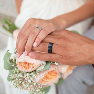 8mm Tungsten Carbide Ring Men Black With Blue Line Dome Wedding Bands