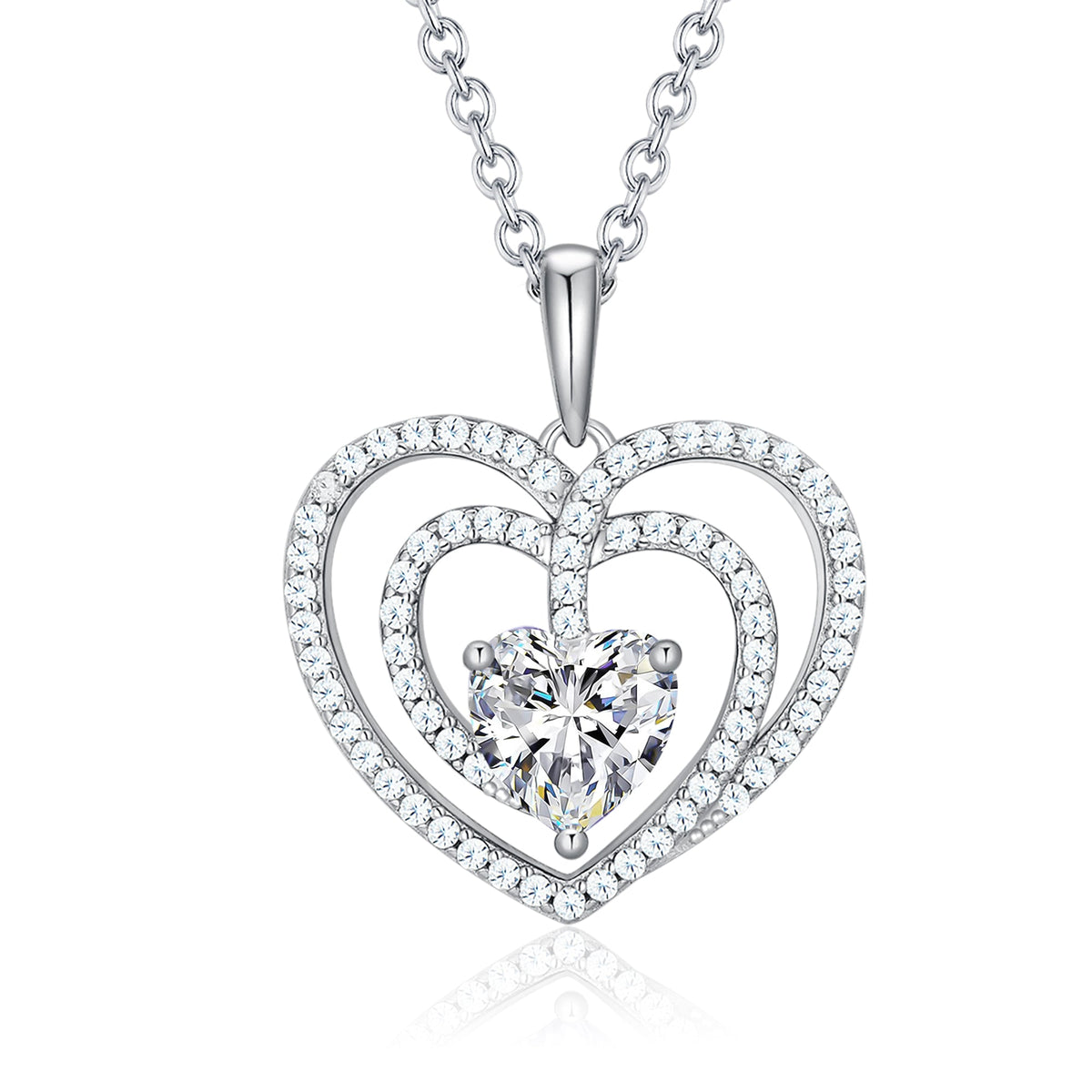 925 Sterling Silver Large Solid 5A Cubic Zirconia Interlocking Heart Shaped Pendant Necklace for Women Jewelry Gift