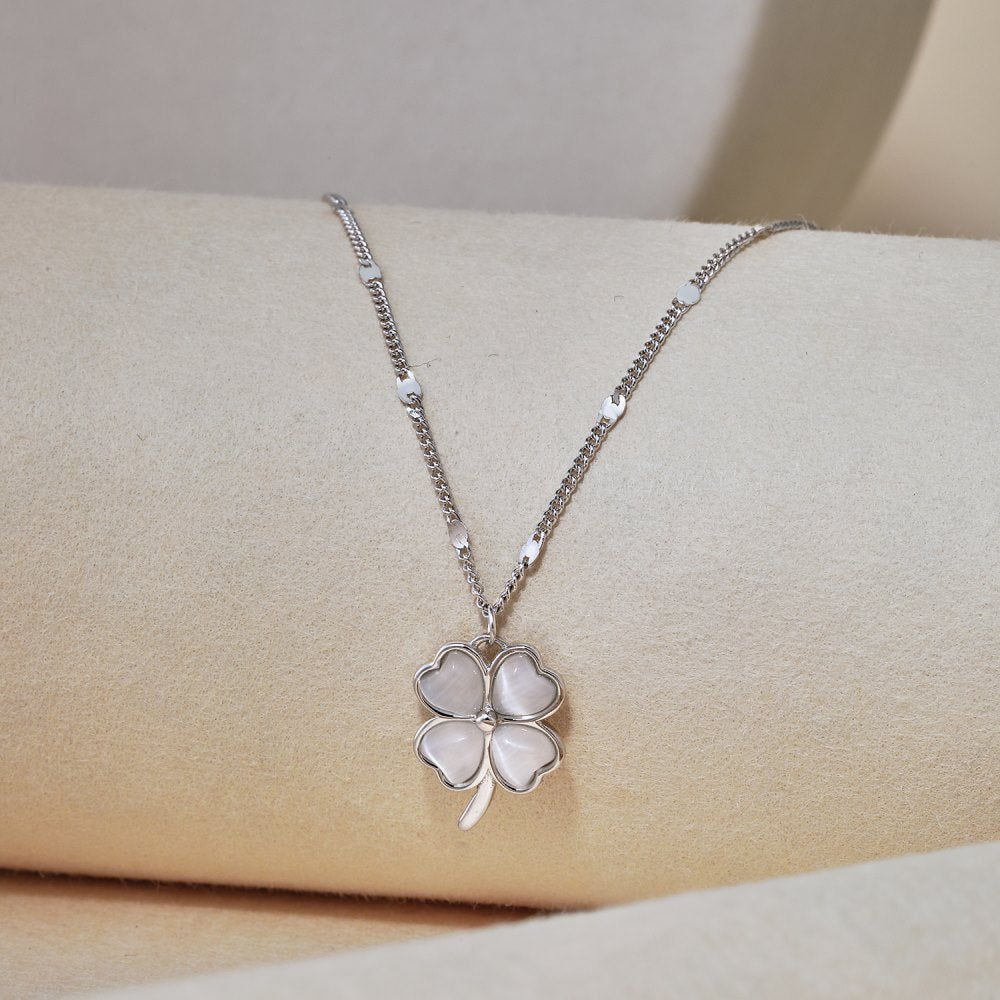 Fashion Jewelry 925 Sterling Silver Clavicle Chain Necklace Creative Opal Four Leaf Clover Pendant Necklace for Women Girls Gift