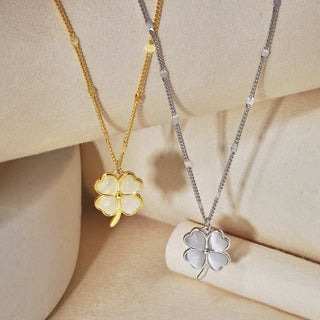 Fashion Jewelry 925 Sterling Silver Clavicle Chain Necklace Creative Opal Four Leaf Clover Pendant Necklace for Women Girls Gift