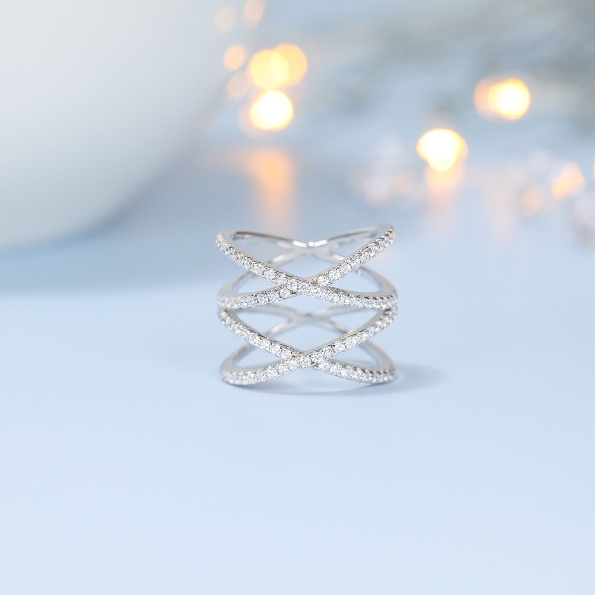 925 Sterling Silver Ring Women Double X Shape Cross Design Cubic Zircon Wedding Bands