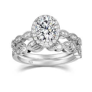 925 Sterling Silver Rings Sets Oval Cubic Zirconia Halo CZ Women Engagements Wedding Bands
