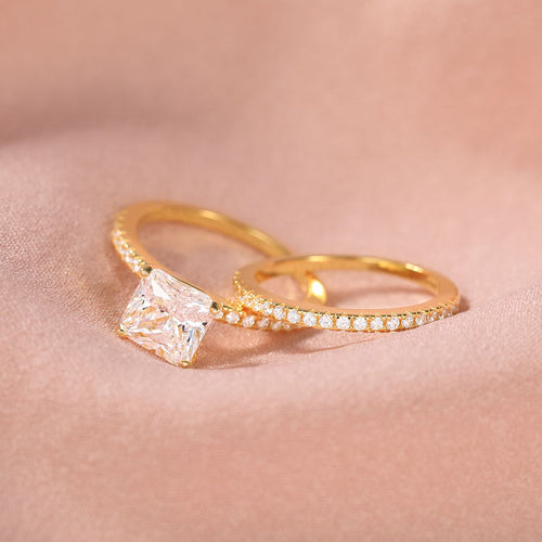 14k Gold Plated 2Ct 925 Sterling Silver Bridal Ring Sets Princess Square Cut CZ Women Engagement Rings