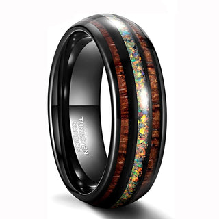 8mm Abalone Shell Black Tungsten Carbide Ring Wedding Band Men High Polish Real Hawaiian Koa Wood Galaxy Opal Ring