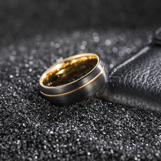 8mm Men Gold Groove Black Tungsten Ring Asymmetric Gold Thread Women Two Tone Brushed Ring
