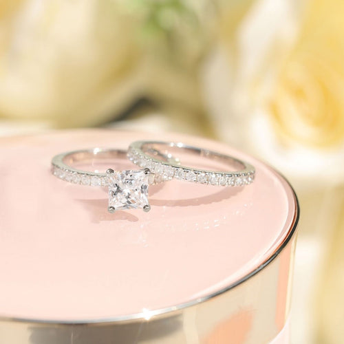 2Ct 925 Sterling Silver Bridal Ring Sets Princess Square Cut CZ Women Engagement Wedding Bands