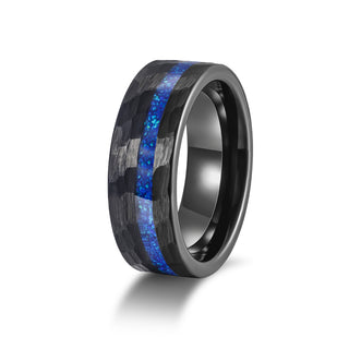 Fashion Jewelry 8mm Blue Opal Inlaid Hammered Pattern Tungsten Carbide Ring for Men Engagement Anniversary