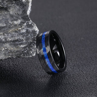 Fashion Jewelry 8mm Blue Opal Inlaid Hammered Pattern Tungsten Carbide Ring for Men Engagement Anniversary