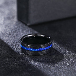 Fashion Jewelry 8mm Blue Opal Inlaid Hammered Pattern Tungsten Carbide Ring for Men Engagement Anniversary