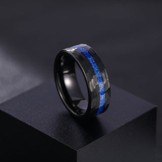 Fashion Jewelry 8mm Blue Opal Inlaid Hammered Pattern Tungsten Carbide Ring for Men Engagement Anniversary