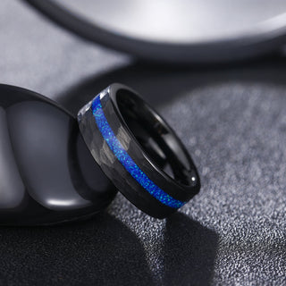 Fashion Jewelry 8mm Blue Opal Inlaid Hammered Pattern Tungsten Carbide Ring for Men Engagement Anniversary