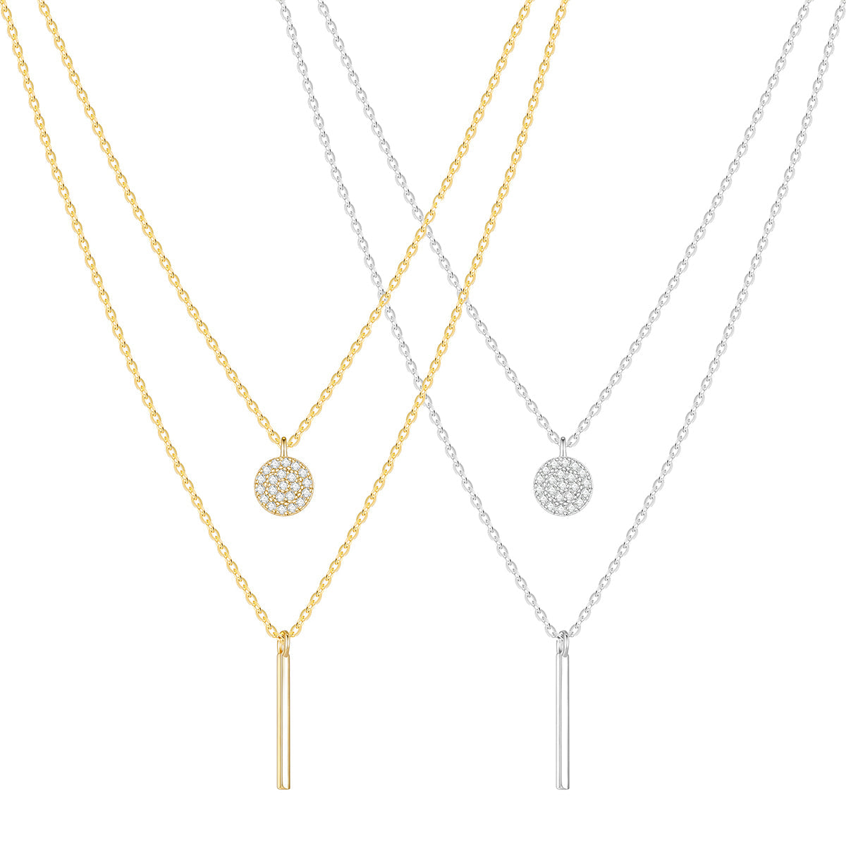 925 Sterling Silver Geometric Double-layer Chain Pendant Necklace with White Zirconia for Women Girls Birthday Gift