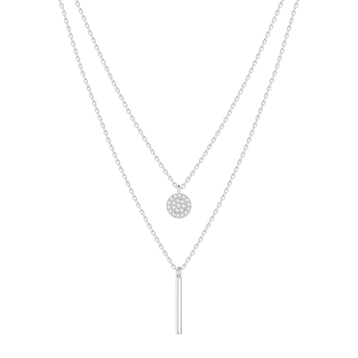 925 Sterling Silver Geometric Double-layer Chain Pendant Necklace with White Zirconia for Women Girls Birthday Gift