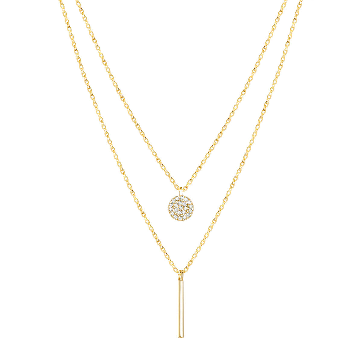 925 Sterling Silver Geometric Double-layer Chain Pendant Necklace with White Zirconia for Women Girls Birthday Gift