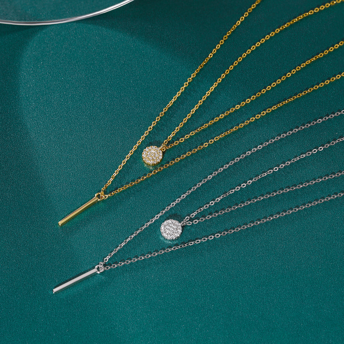 925 Sterling Silver Geometric Double-layer Chain Pendant Necklace with White Zirconia for Women Girls Birthday Gift