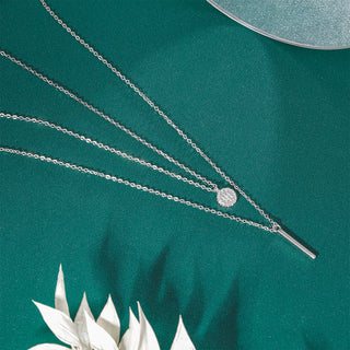 925 Sterling Silver Geometric Double-layer Chain Pendant Necklace with White Zirconia for Women Girls Birthday Gift