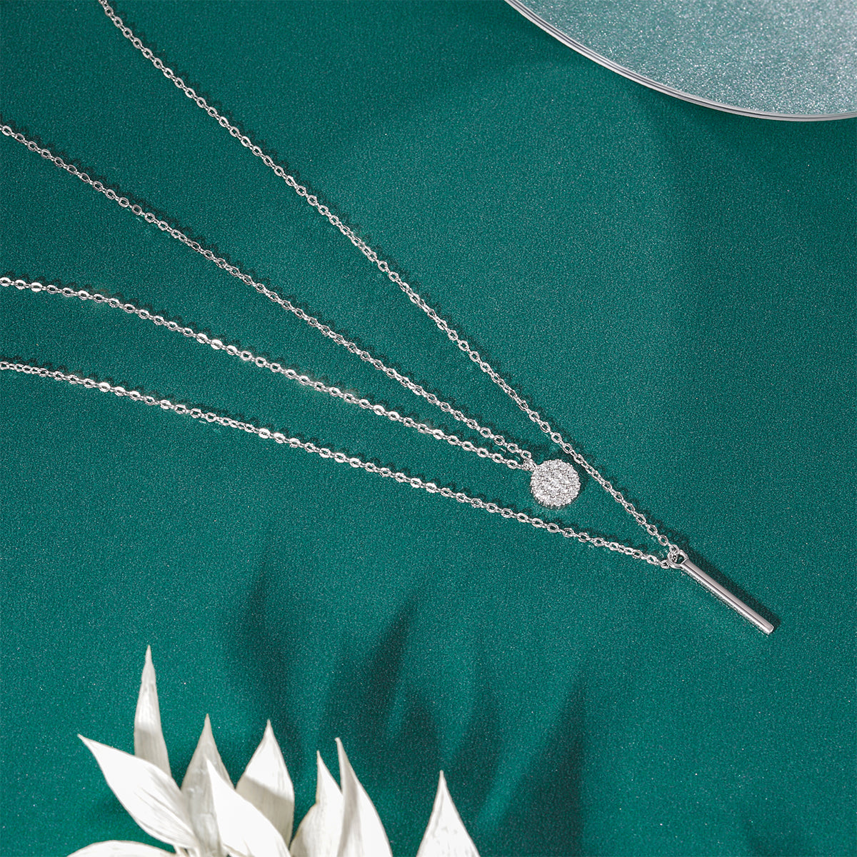925 Sterling Silver Geometric Double-layer Chain Pendant Necklace with White Zirconia for Women Girls Birthday Gift