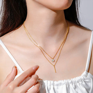 925 Sterling Silver Geometric Double-layer Chain Pendant Necklace with White Zirconia for Women Girls Birthday Gift