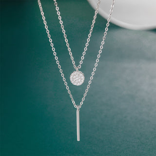 925 Sterling Silver Geometric Double-layer Chain Pendant Necklace with White Zirconia for Women Girls Birthday Gift