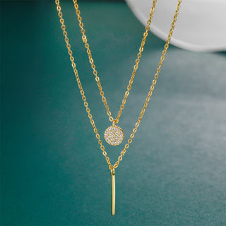 925 Sterling Silver Geometric Double-layer Chain Pendant Necklace with White Zirconia for Women Girls Birthday Gift