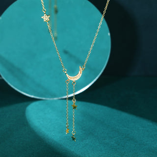 Fine Jewelry 18K Gold Plated Moon and Star Zircon 925 Sterling Silver Pendant Necklaces for Women Anniversary