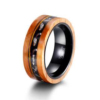 8mm Olive Wood Black Sand Metal Slag Guitar String Inlay Tungsten Ring