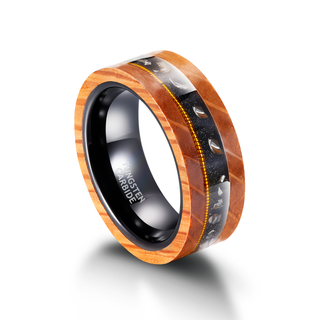 8mm Olive Wood Black Sand Metal Slag Guitar String Inlay Tungsten Ring