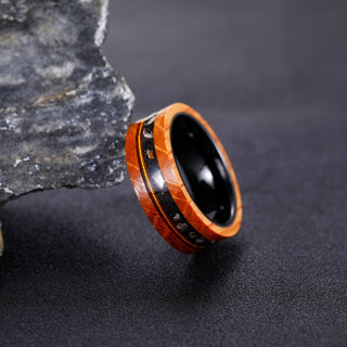 8mm Olive Wood Black Sand Metal Slag Guitar String Inlay Tungsten Ring