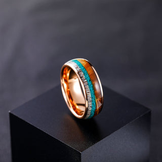 8mm Domed Antler Whisky Barrel Wood Malachite Inlay Tungsten Carbide Rings