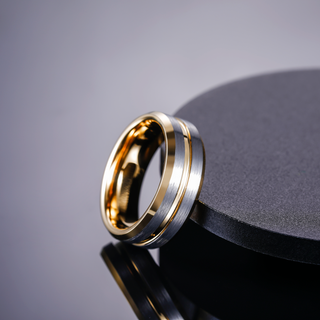 8mm 24K Gold Plated Grooved Silver Brushed Tungsten Carbide Ring