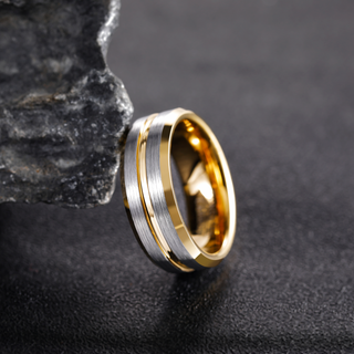 8mm 24K Gold Plated Grooved Silver Brushed Tungsten Carbide Ring