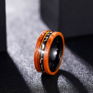 8mm Olive Wood Black Sand Metal Slag Guitar String Inlay Tungsten Ring