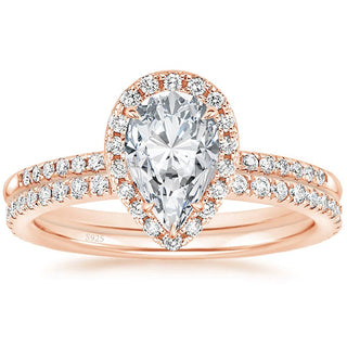 Rose Gold 925 Sterling Silver Teardrop Bridal Rings Sets Cubic Zirconia Women Engagement Ring