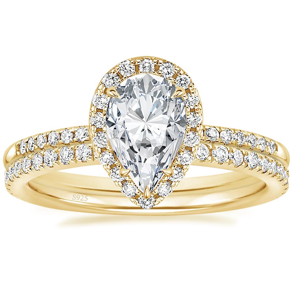 14K Gold Plated 925 Sterling Silver Rings Teardrop Bridal Rings Sets Cubic Zirconia Women Engagement Ring